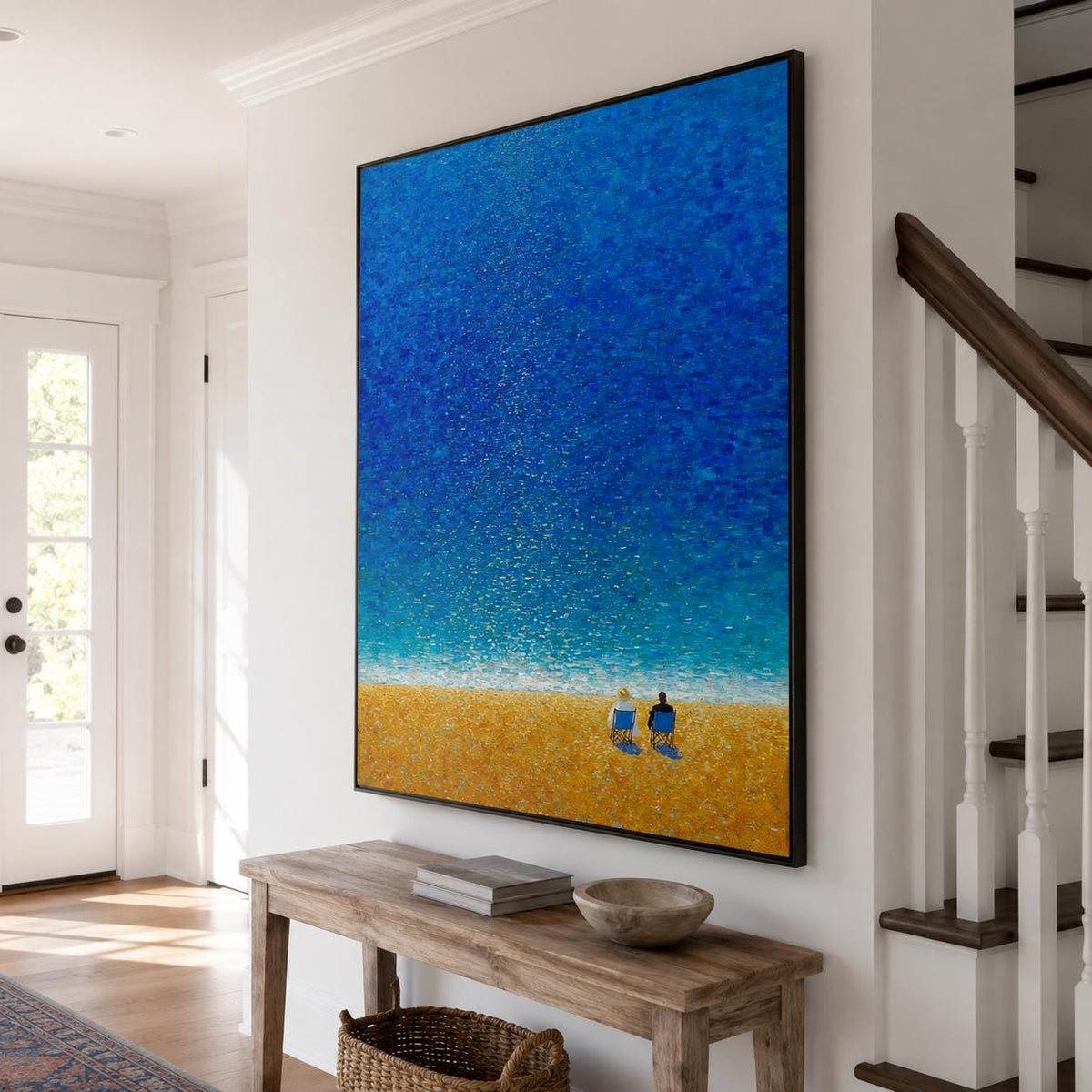 Two Figures Beach Wall Art Blue Ocean Canvas Painting for Coastal Living Room Decor