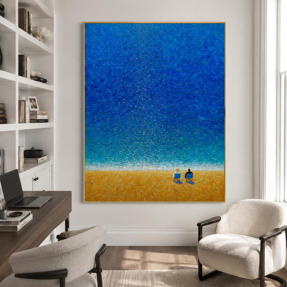Two Figures Beach Wall Art Blue Ocean Canvas Painting for Coastal Living Room Decor