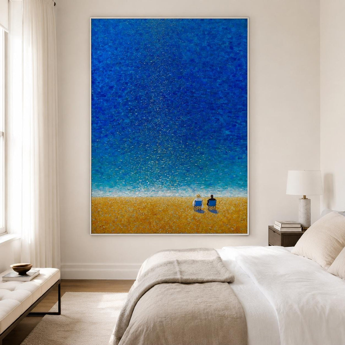 Two Figures Beach Wall Art Blue Ocean Canvas Painting for Coastal Living Room Decor