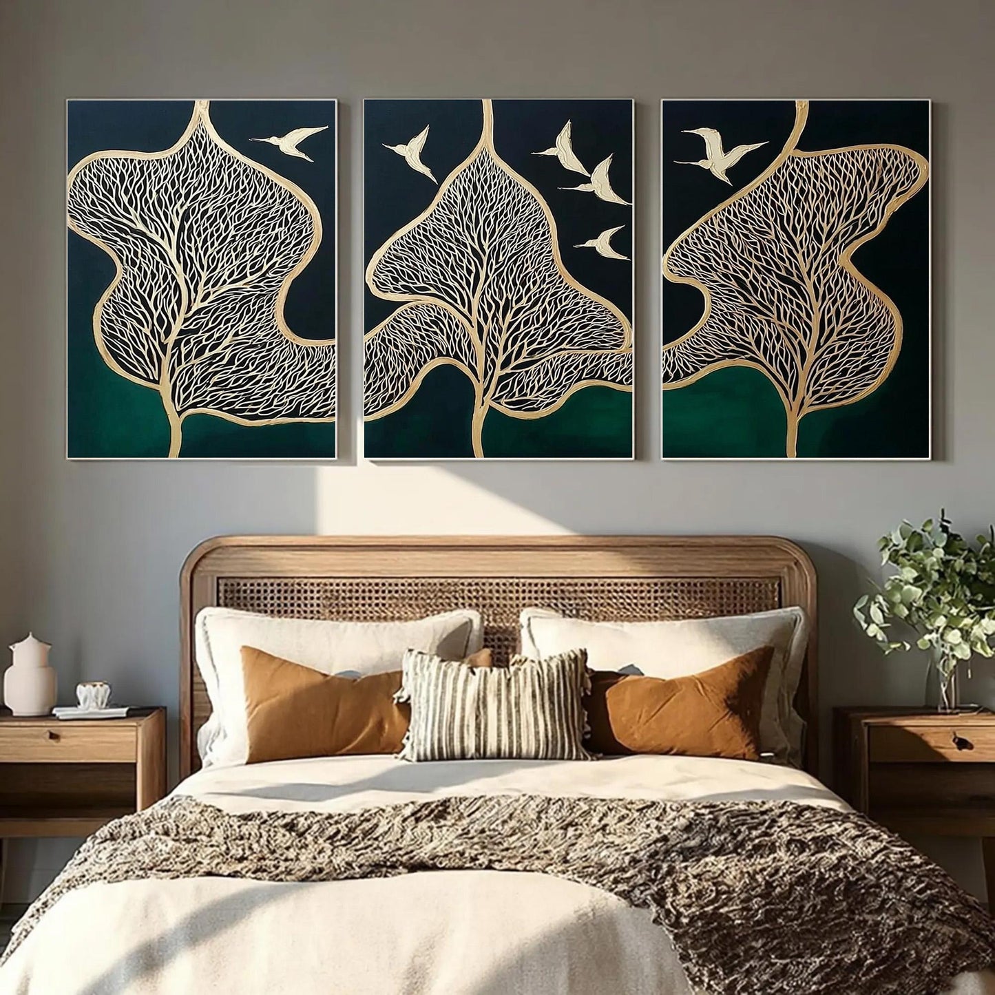 Green and Gold Botanical Leaf Wall Art – Oil Painting