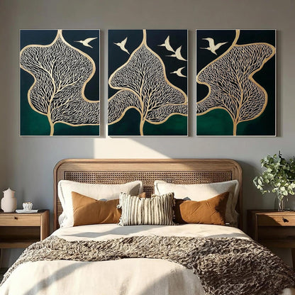 Green and Gold Botanical Leaf Wall Art – Oil Painting