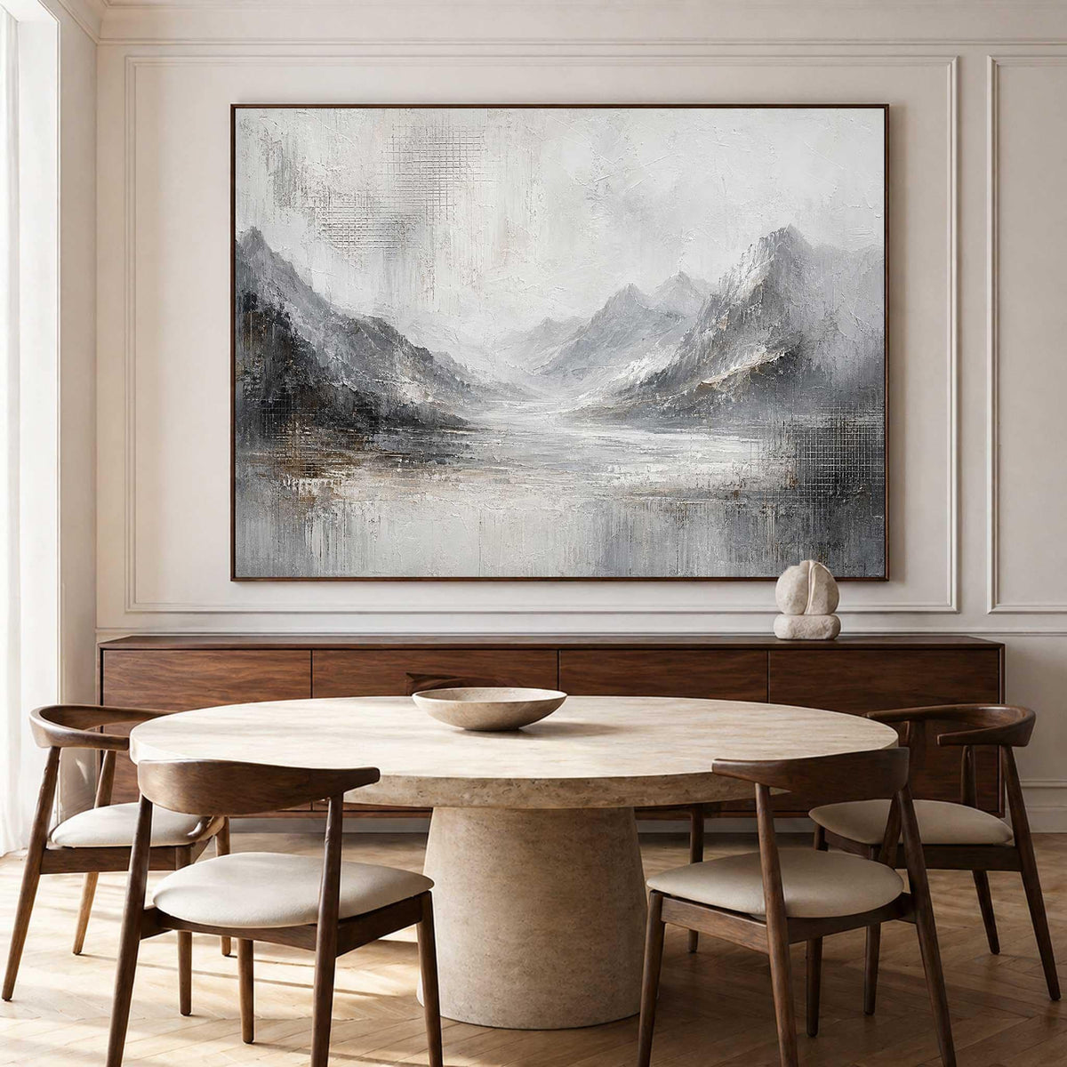 May include: A large rectangular wall art piece featuring an abstract landscape painting in shades of gray, white, and muted brown. The artwork depicts layered mountain ranges and a central valley with textured brushstrokes and a visible canvas finish.