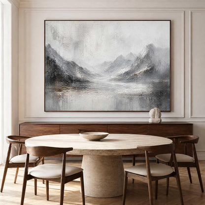 May include: A large rectangular wall art piece featuring an abstract landscape painting in shades of gray, white, and muted brown. The artwork depicts layered mountain ranges and a central valley with textured brushstrokes and a visible canvas finish.