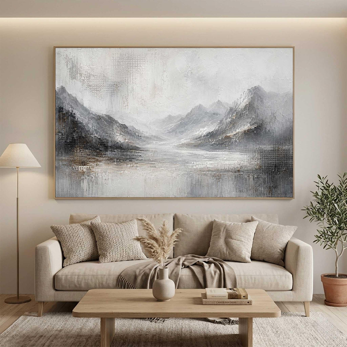 May include: A large rectangular canvas wall art piece featuring an abstract landscape painting of mountains and a lake in shades of gray, white, and muted brown. The artwork displays textured brushstrokes and a layered composition of peaks.