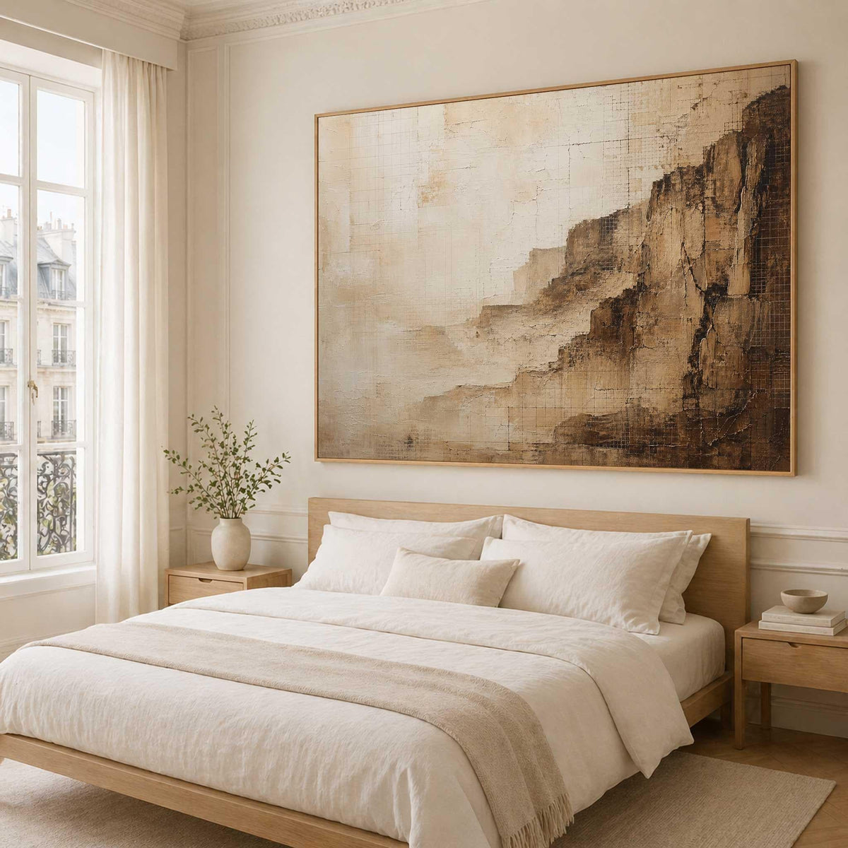 May include: A large rectangular wall art piece featuring an abstract landscape in shades of beige, cream, and dark brown. The artwork displays textured, layered brushstrokes and a grid-like pattern, framed in a thin, light-colored wooden border.