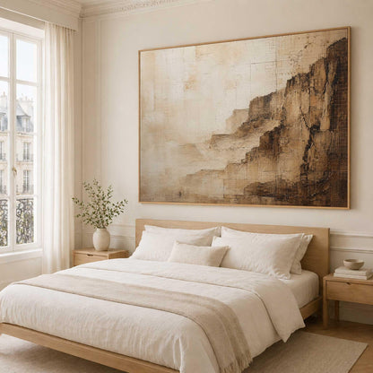 May include: A large rectangular wall art piece featuring an abstract landscape in shades of beige, cream, and dark brown. The artwork displays textured, layered brushstrokes and a grid-like pattern, framed in a thin, light-colored wooden border.