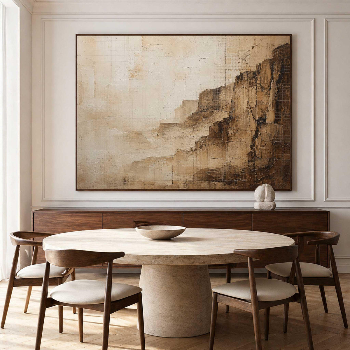 May include: A large rectangular wall art piece featuring an abstract landscape in shades of beige, cream, and dark brown. The painting displays textured, layered brushstrokes that suggest a rugged cliffside or canyon formation against a light background.