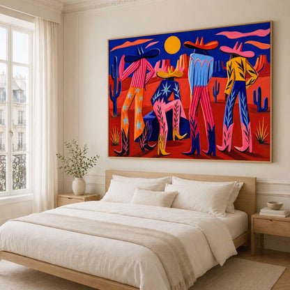 Colorful Western Cowboy Wall Art Desert Figures Canvas Painting for Modern Living Room Decor