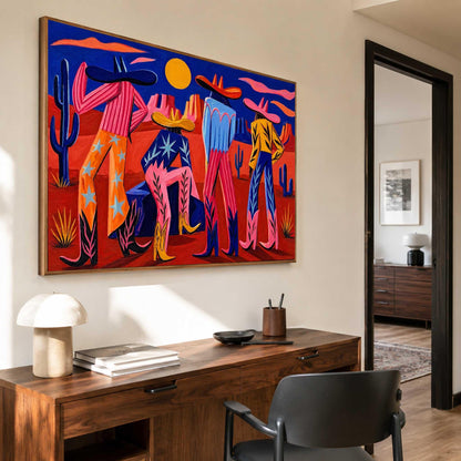 Colorful Western Cowboy Wall Art Desert Figures Canvas Painting for Modern Living Room Decor