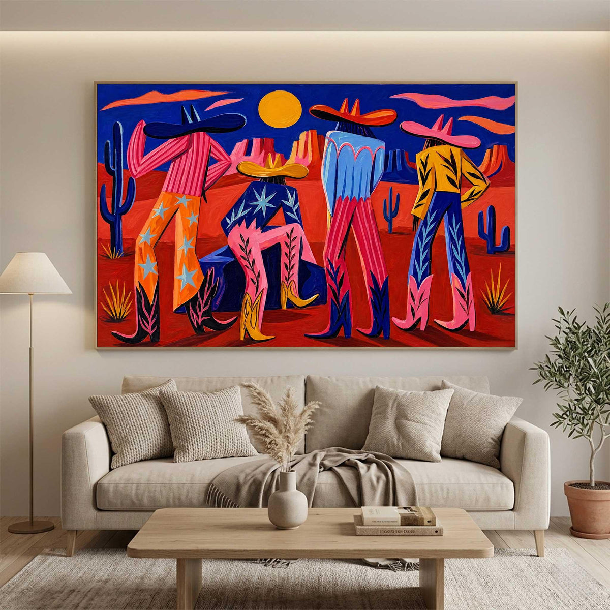 Colorful Western Cowboy Wall Art Desert Figures Canvas Painting for Modern Living Room Decor