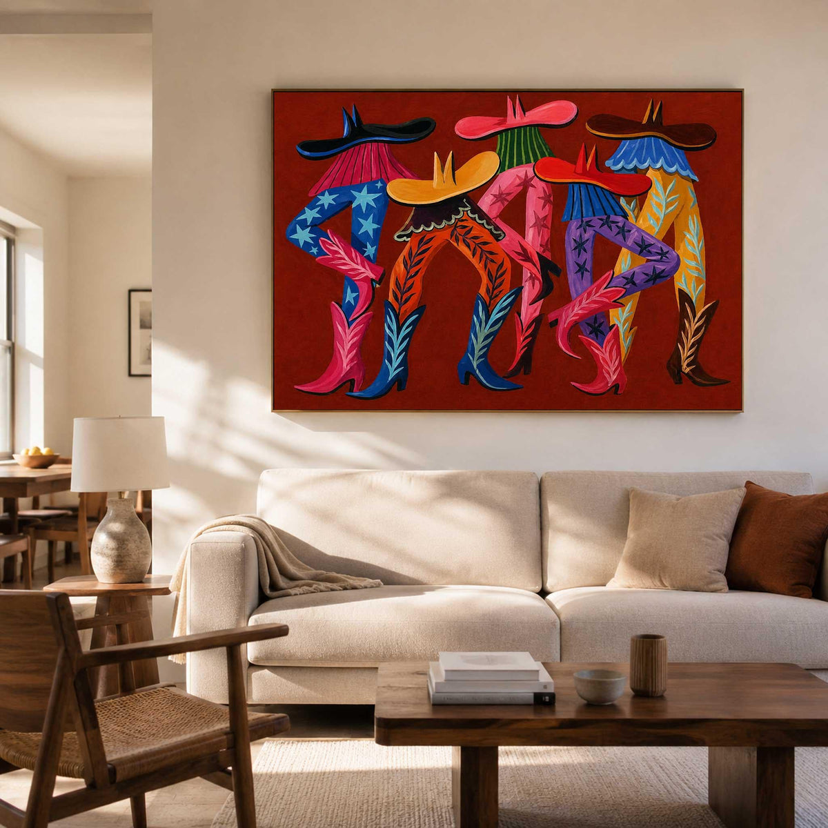 Cowboy Boots Wall Art Red Western Fashion Canvas Painting for Eclectic Entryway Decor
