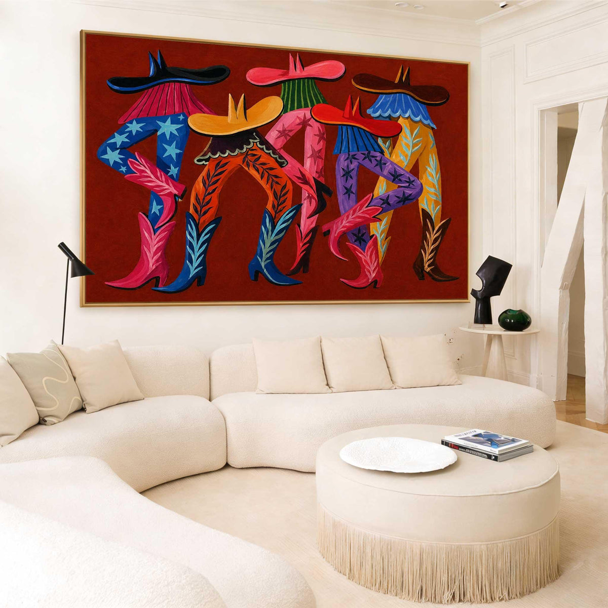 Cowboy Boots Wall Art Red Western Fashion Canvas Painting for Eclectic Entryway Decor