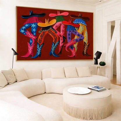 Cowboy Boots Wall Art Red Western Fashion Canvas Painting for Eclectic Entryway Decor