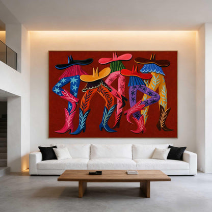 Cowboy Boots Wall Art Red Western Fashion Canvas Painting for Eclectic Entryway Decor