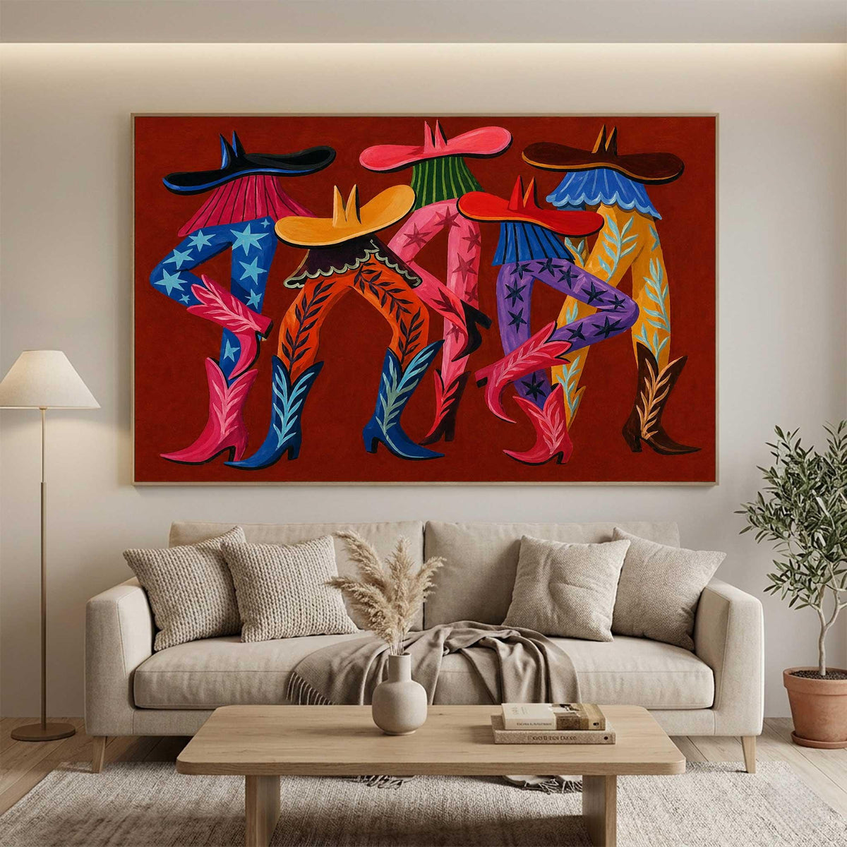 Cowboy Boots Wall Art Red Western Fashion Canvas Painting for Eclectic Entryway Decor