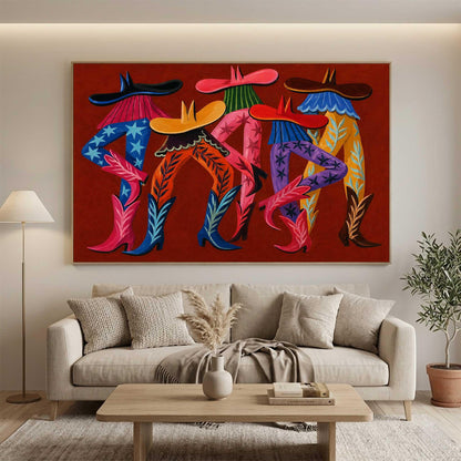 Cowboy Boots Wall Art Red Western Fashion Canvas Painting for Eclectic Entryway Decor