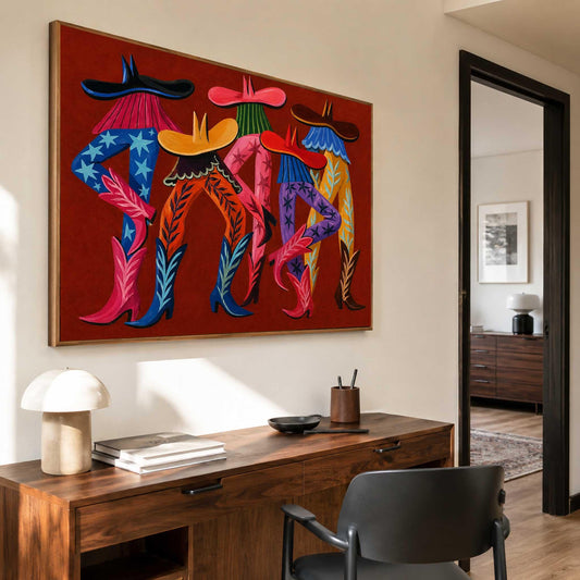 Cowboy Boots Wall Art Red Western Fashion Canvas Painting for Eclectic Entryway Decor