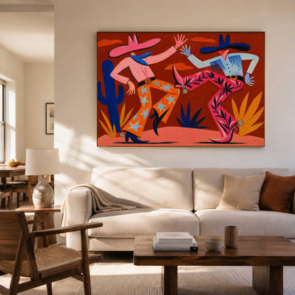 Cowboy Couple Wall Art Red Western Style Canvas Painting for Eclectic Living Room Decor