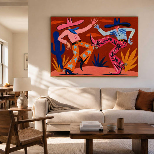 Cowboy Couple Wall Art Red Western Style Canvas Painting for Eclectic Living Room Decor