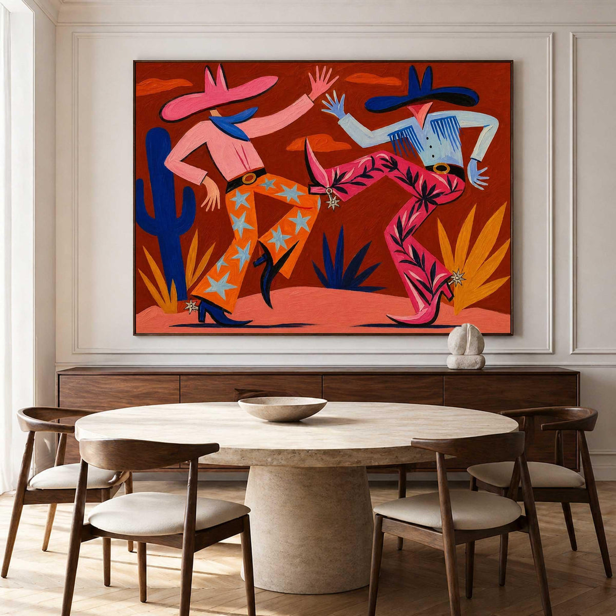 Cowboy Couple Wall Art Red Western Style Canvas Painting for Eclectic Living Room Decor