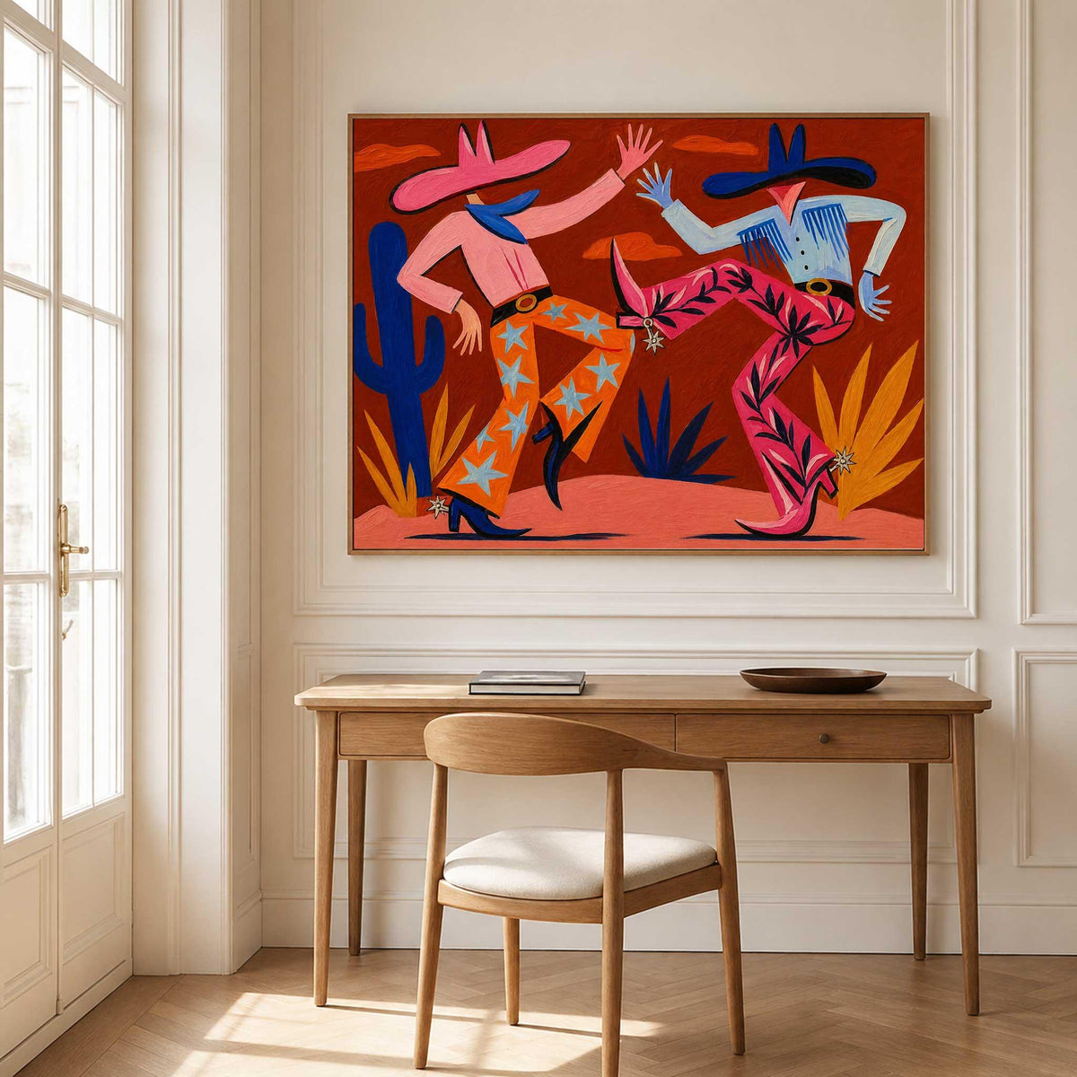 Cowboy Couple Wall Art Red Western Style Canvas Painting for Eclectic Living Room Decor