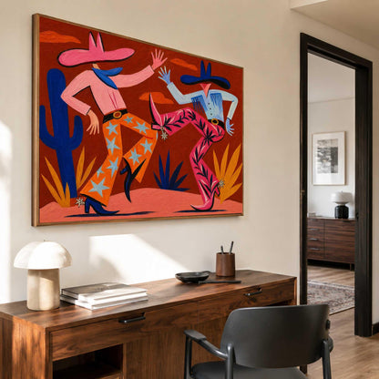Cowboy Couple Wall Art Red Western Style Canvas Painting for Eclectic Living Room Decor