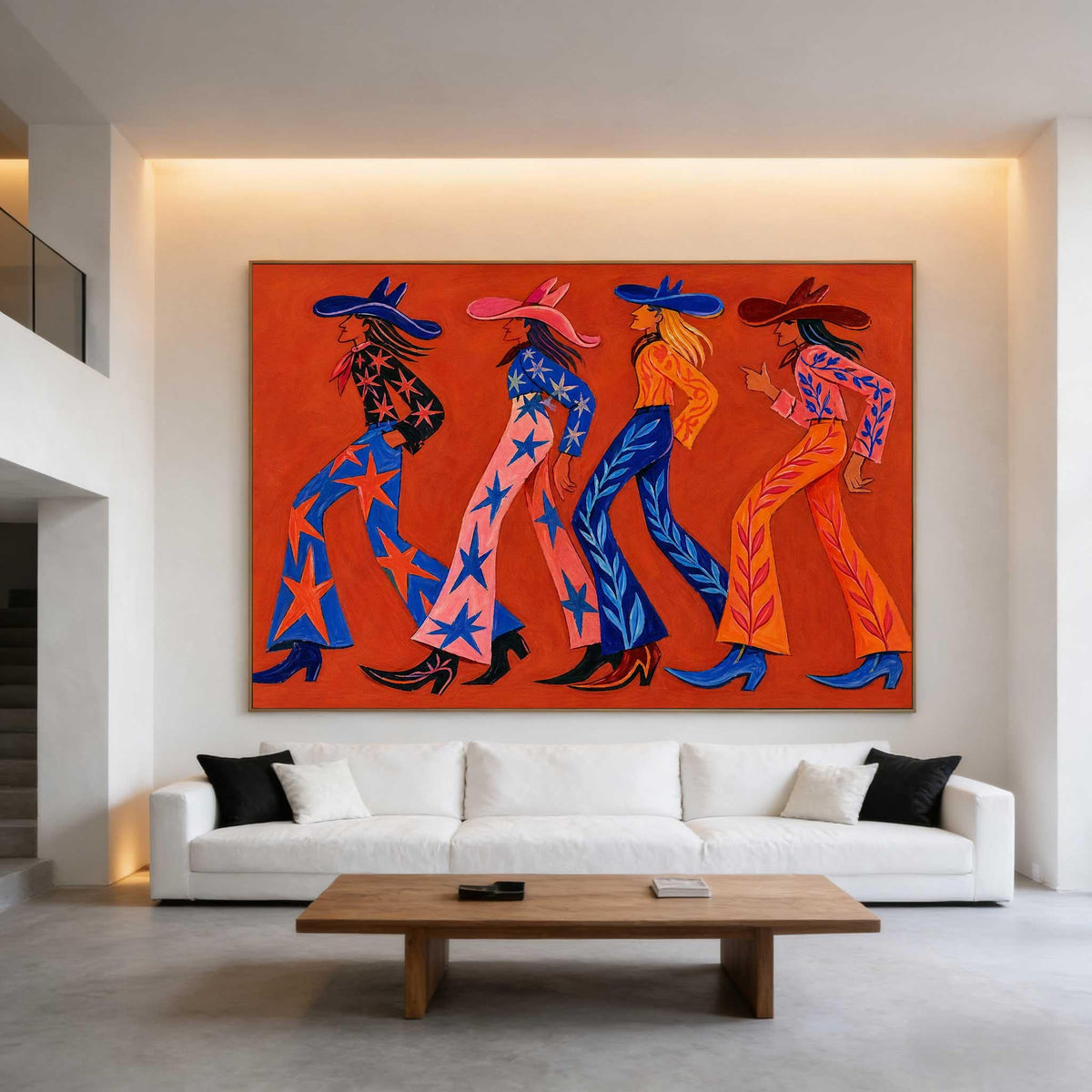 May include: A large rectangular painting on an orange background featuring four figures walking in profile. Each figure wears a wide-brimmed hat and patterned trousers with star or leaf motifs in shades of blue, pink, orange, and black.