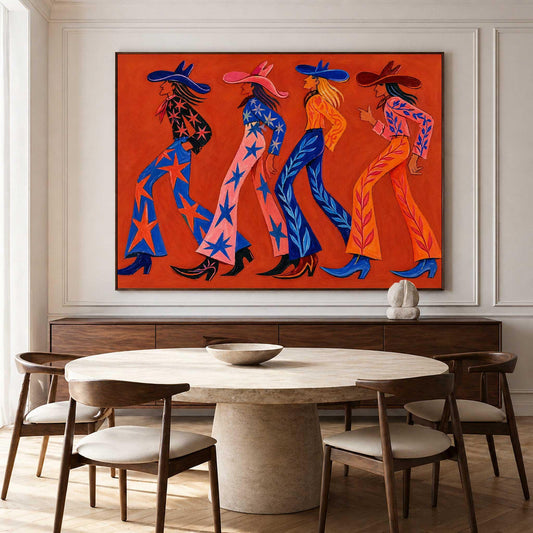 May include: A rectangular wall art piece featuring a vibrant orange background with four stylized figures walking in profile. Each figure wears a wide-brimmed hat and patterned flared trousers in shades of blue, pink, yellow, and orange.