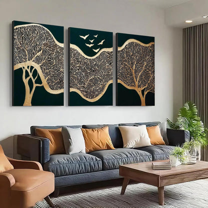 Golden Abstract Trees and Birds Triptych Oil Painting – Emerald Green Animal Wall Art