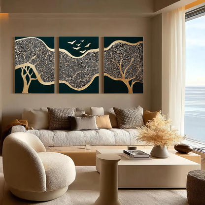 Golden Abstract Trees and Birds Triptych Oil Painting – Emerald Green Animal Wall Art