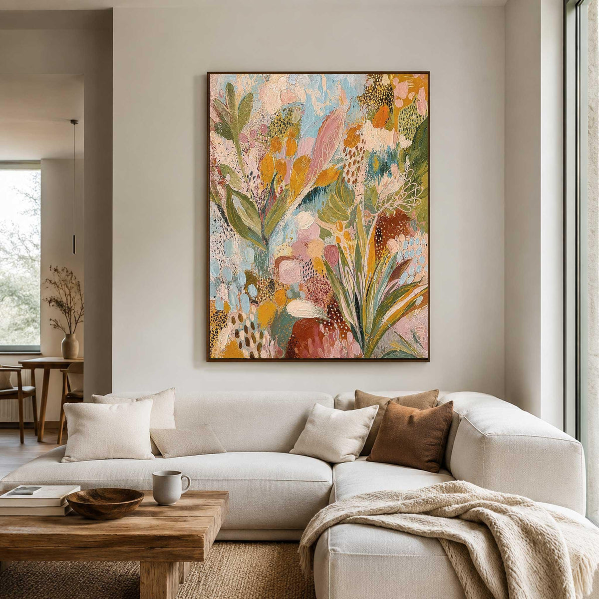 May include: A large rectangular canvas painting featuring an abstract botanical composition with layered brushstrokes in shades of mustard yellow, sage green, soft pink, terracotta, and cream, displayed in a thin dark brown frame on a wall.