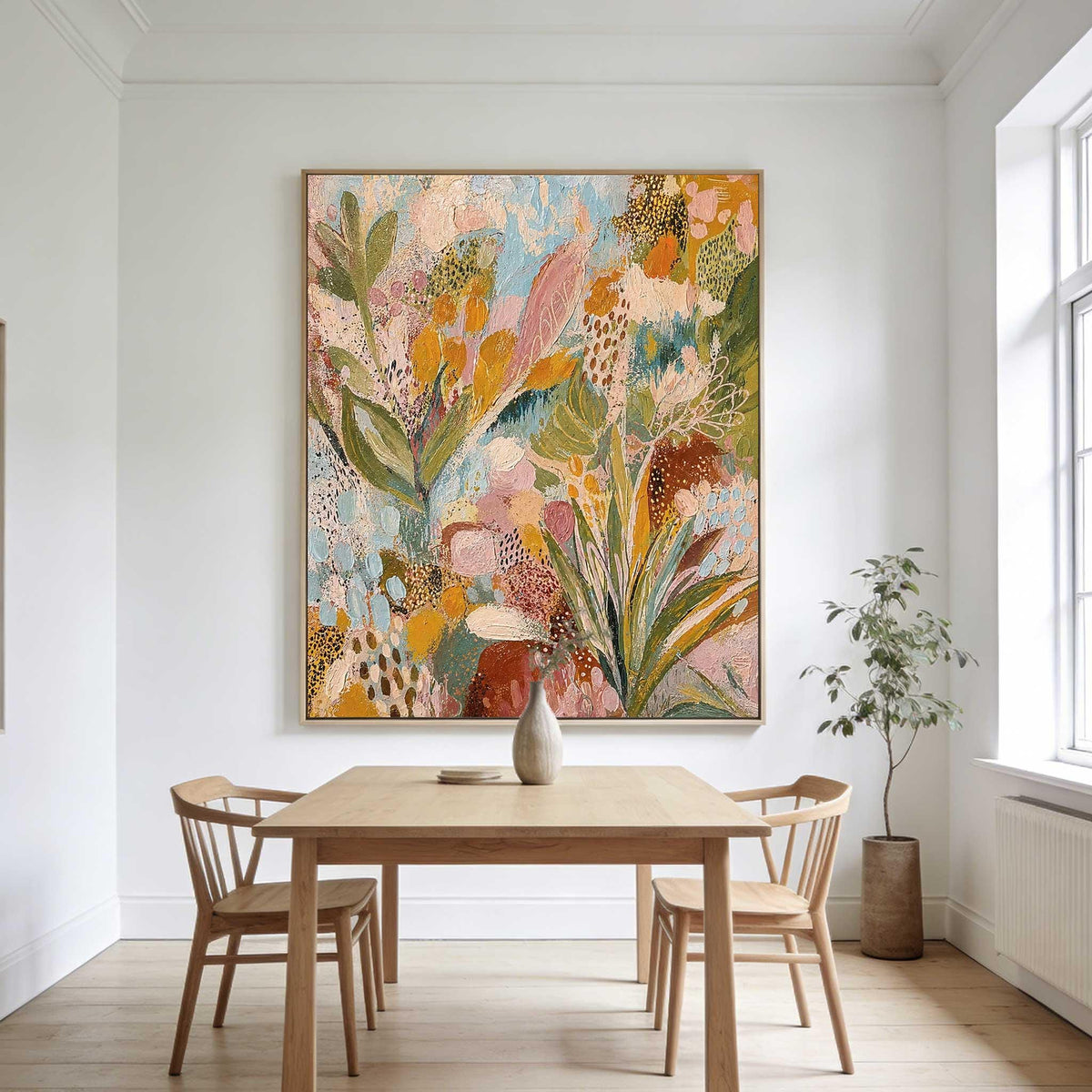 May include: A large rectangular canvas painting featuring an abstract botanical composition with layered textures and a vibrant color palette of mustard yellow, sage green, soft pink, deep terracotta, and light blue, displayed in a wooden frame.