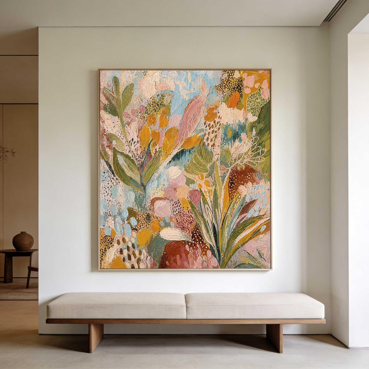 May include: A large rectangular canvas painting featuring an abstract botanical composition. The artwork displays a vibrant palette of sage green, mustard yellow, soft pink, and deep terracotta, with textured brushstrokes and dotted patterns.