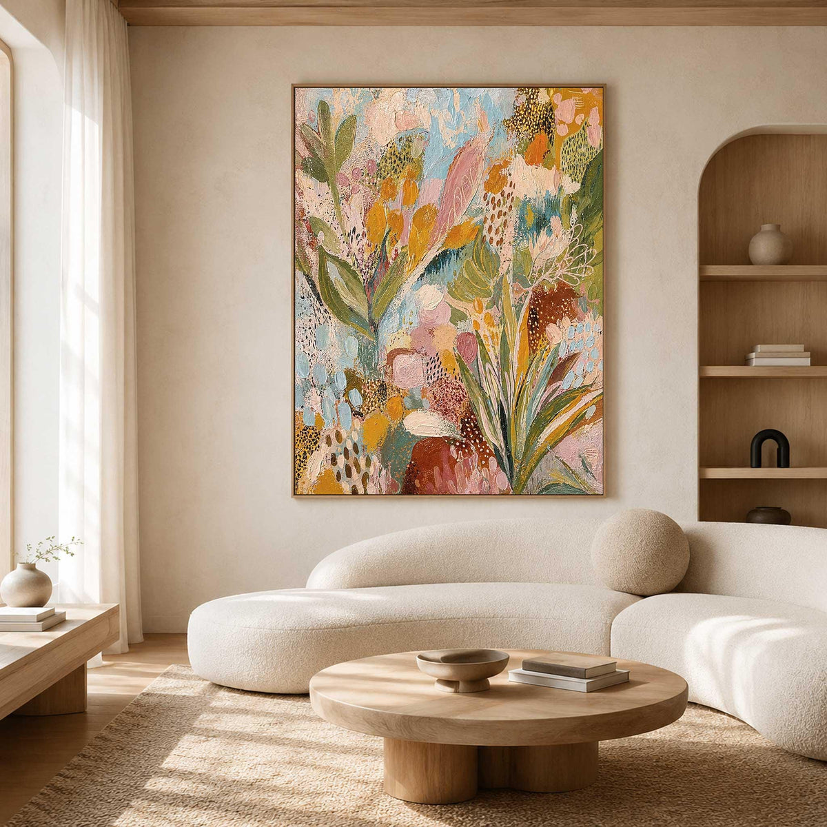 May include: A large rectangular canvas painting featuring an abstract botanical composition with layered brushstrokes in shades of sage green, mustard yellow, soft pink, sky blue, and deep terracotta, accented with intricate dotted textures.
