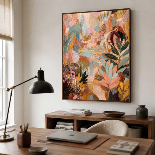 May include: A rectangular wall art painting featuring an abstract landscape with layered textures and a vibrant color palette of peach, sage green, mustard yellow, deep brown, and soft blue, framed in a thin dark wood border on a white wall.
