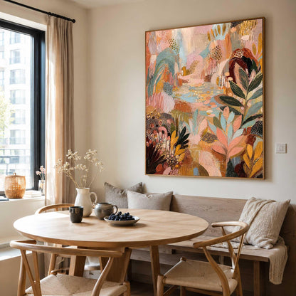May include: A large square canvas painting featuring an abstract landscape with layered textures and a vibrant color palette of soft pink, muted teal, deep burgundy, mustard yellow, and cream, depicting stylized foliage and organic shapes.