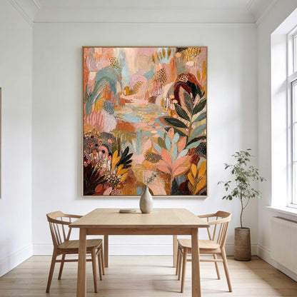 May include: A large rectangular canvas painting featuring an abstract landscape with layered textures and a vibrant color palette of soft pink, muted orange, deep forest green, and golden yellow, depicting stylized foliage and organic shapes.