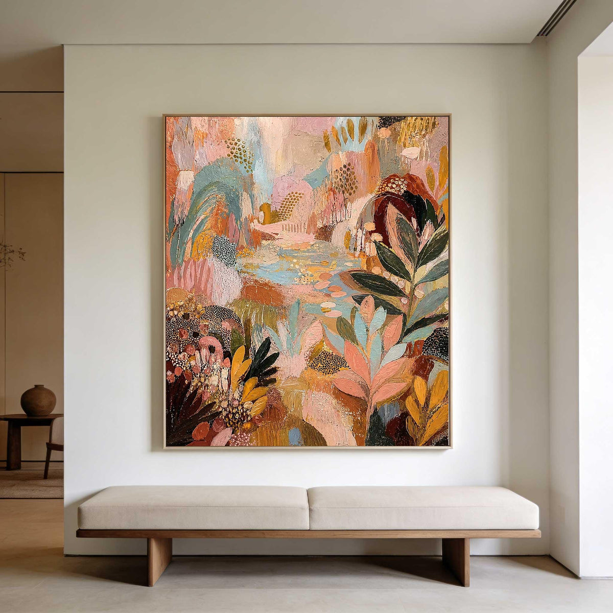 May include: A large rectangular canvas painting featuring an abstract landscape with textured brushstrokes in shades of peach, terracotta, sage green, mustard yellow, and deep brown, depicting stylized foliage and organic shapes in a layered composition.
