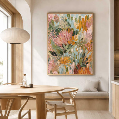 May include: A rectangular wall art painting featuring an abstract floral composition with layered brushstrokes in shades of soft pink, muted orange, sage green, and cream. The artwork displays textured botanical shapes and intricate dotted patterns.