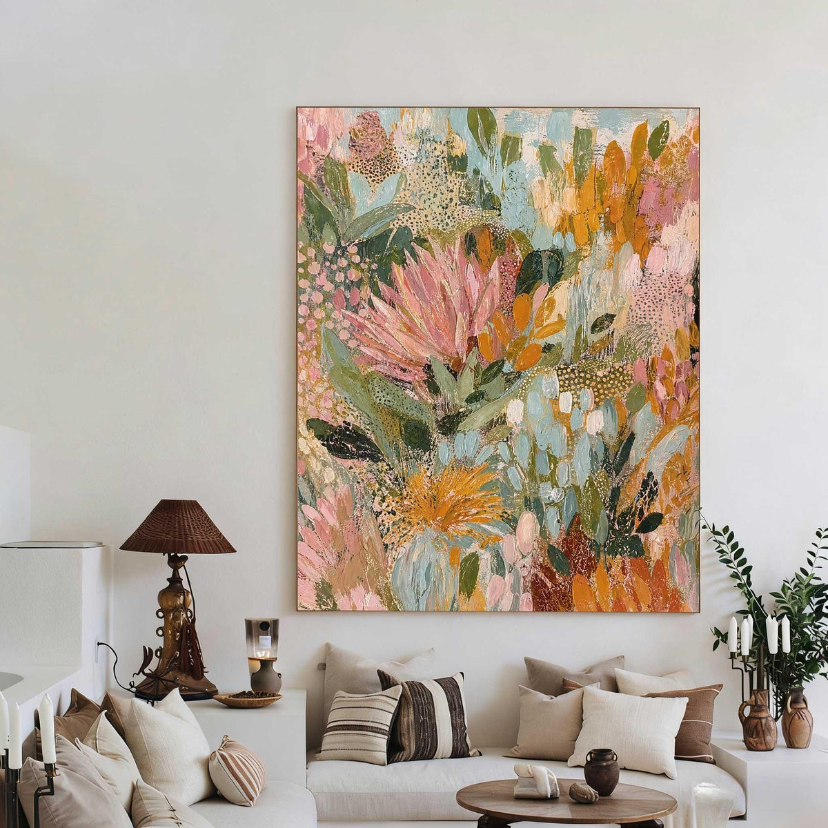 May include: A large rectangular canvas painting featuring an abstract floral composition with thick, textured brushstrokes in shades of soft pink, muted orange, sage green, and cream, displayed in a thin, light-colored wooden frame.