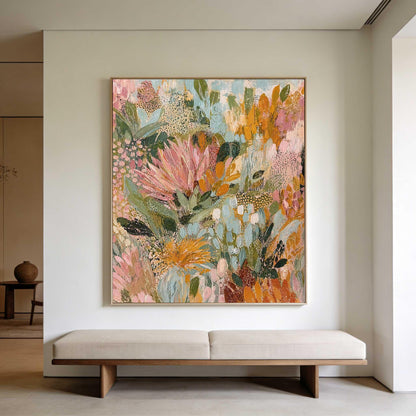May include: A large rectangular canvas painting featuring an abstract floral composition with thick, textured brushstrokes. The color palette includes shades of soft pink, vibrant orange, sage green, and cream, creating a dense, layered botanical scene.