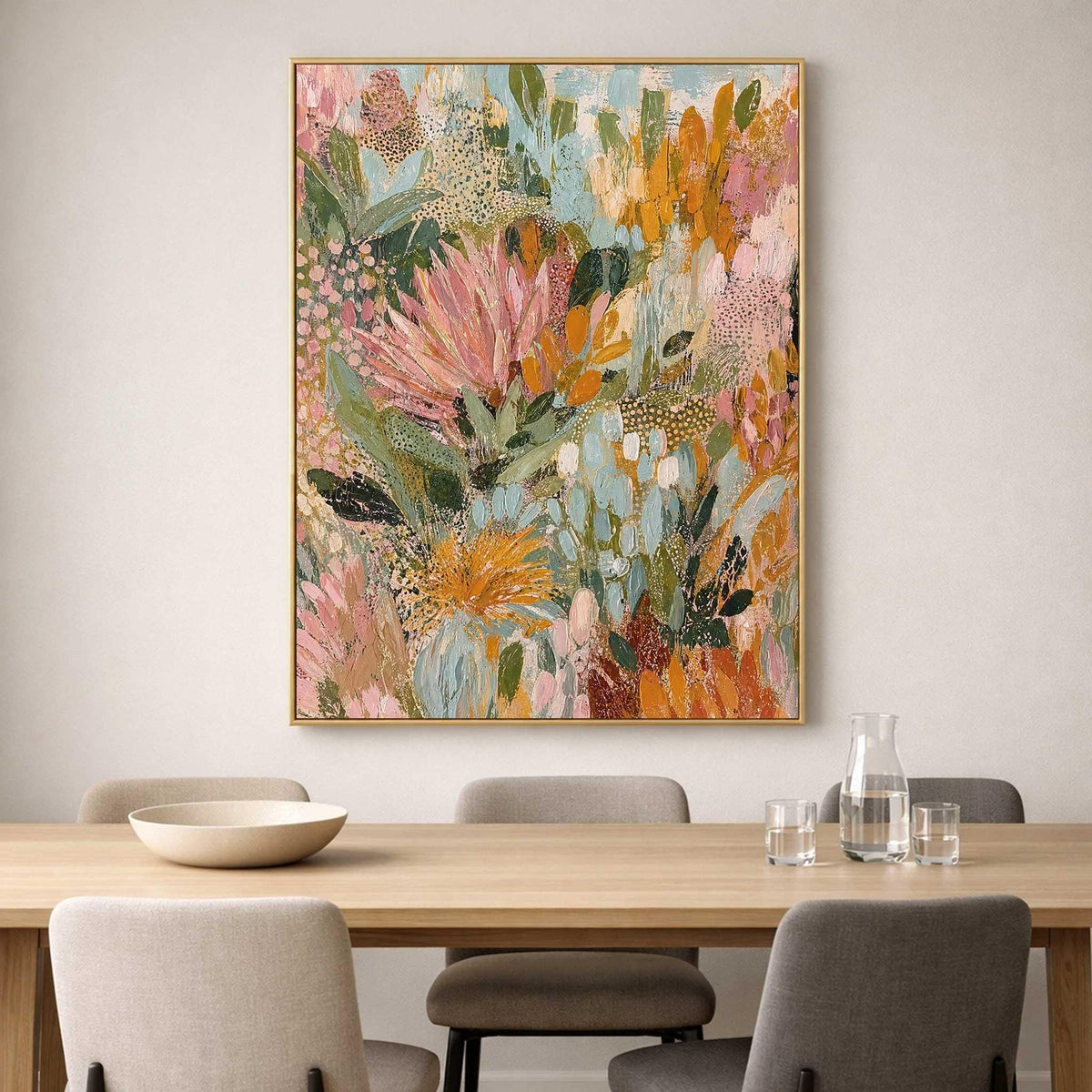 May include: A rectangular wall art piece featuring an abstract floral painting with a palette of soft pink, muted orange, sage green, and light blue. The composition displays layered brushstrokes and textured patterns within a thin gold frame.