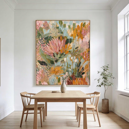 May include: A large rectangular canvas painting featuring an abstract floral composition with layered brushstrokes in shades of dusty pink, burnt orange, sage green, and cream. The artwork displays textured patterns and organic shapes.