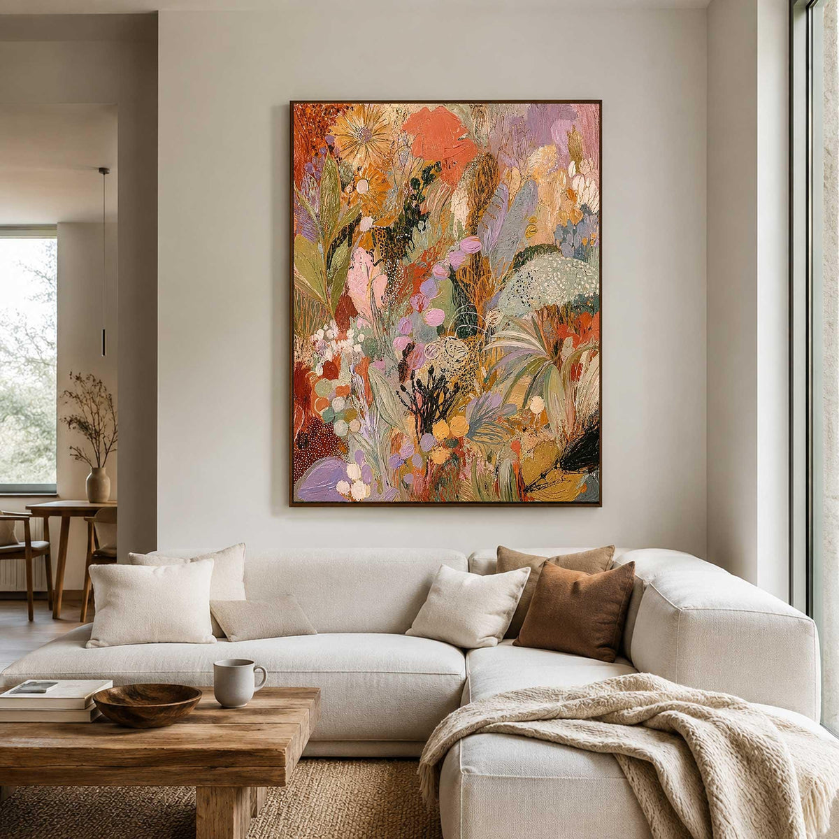 May include: A large rectangular canvas painting featuring an abstract floral composition with a vibrant color palette of orange, pink, lavender, gold, and deep green. The artwork displays layered brushstrokes and textured botanical shapes.