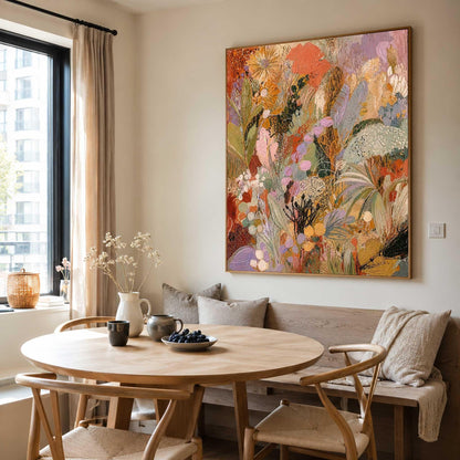 May include: A large rectangular canvas painting featuring an abstract floral composition with thick, textured brushstrokes in shades of orange, lavender, gold, green, and cream, displayed in a wooden frame on a light-colored wall.