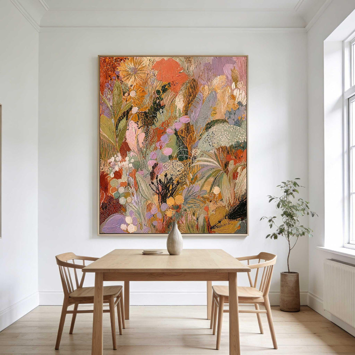 May include: A large rectangular canvas painting featuring an abstract floral composition with a vibrant palette of orange, yellow, pink, lavender, and green tones. The artwork displays textured brushstrokes and layered botanical shapes.