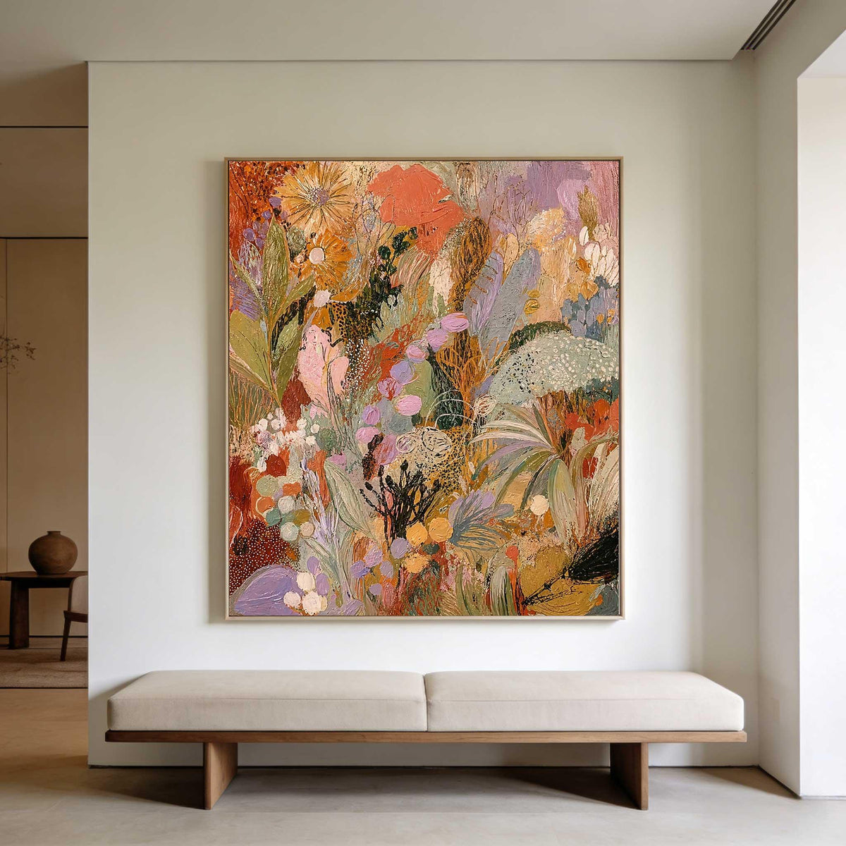 May include: A large rectangular canvas painting featuring a dense, textured floral composition in shades of burnt orange, soft lavender, sage green, and golden yellow. The artwork displays layered brushstrokes and organic botanical shapes.