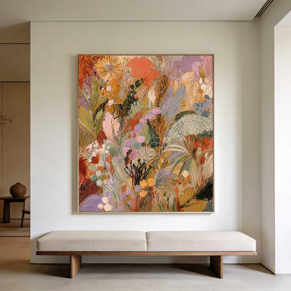 May include: A large rectangular canvas painting featuring a dense, textured floral composition in shades of burnt orange, soft lavender, sage green, and golden yellow. The artwork displays layered brushstrokes and organic botanical shapes.
