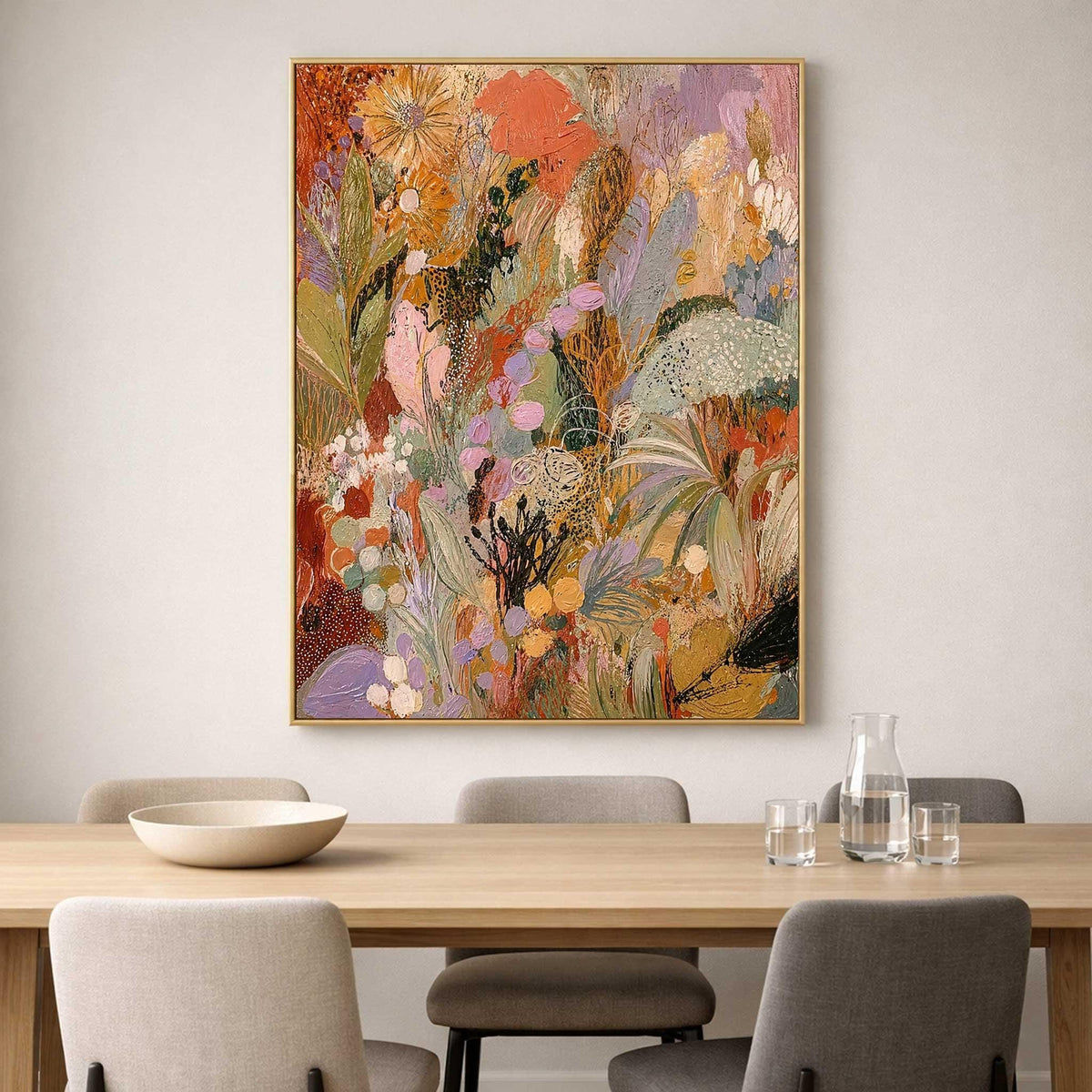 May include: A rectangular framed wall art piece featuring an abstract floral composition with a vibrant color palette of orange, yellow, lavender, green, and brown. The painting displays layered brushstrokes and textured botanical shapes.