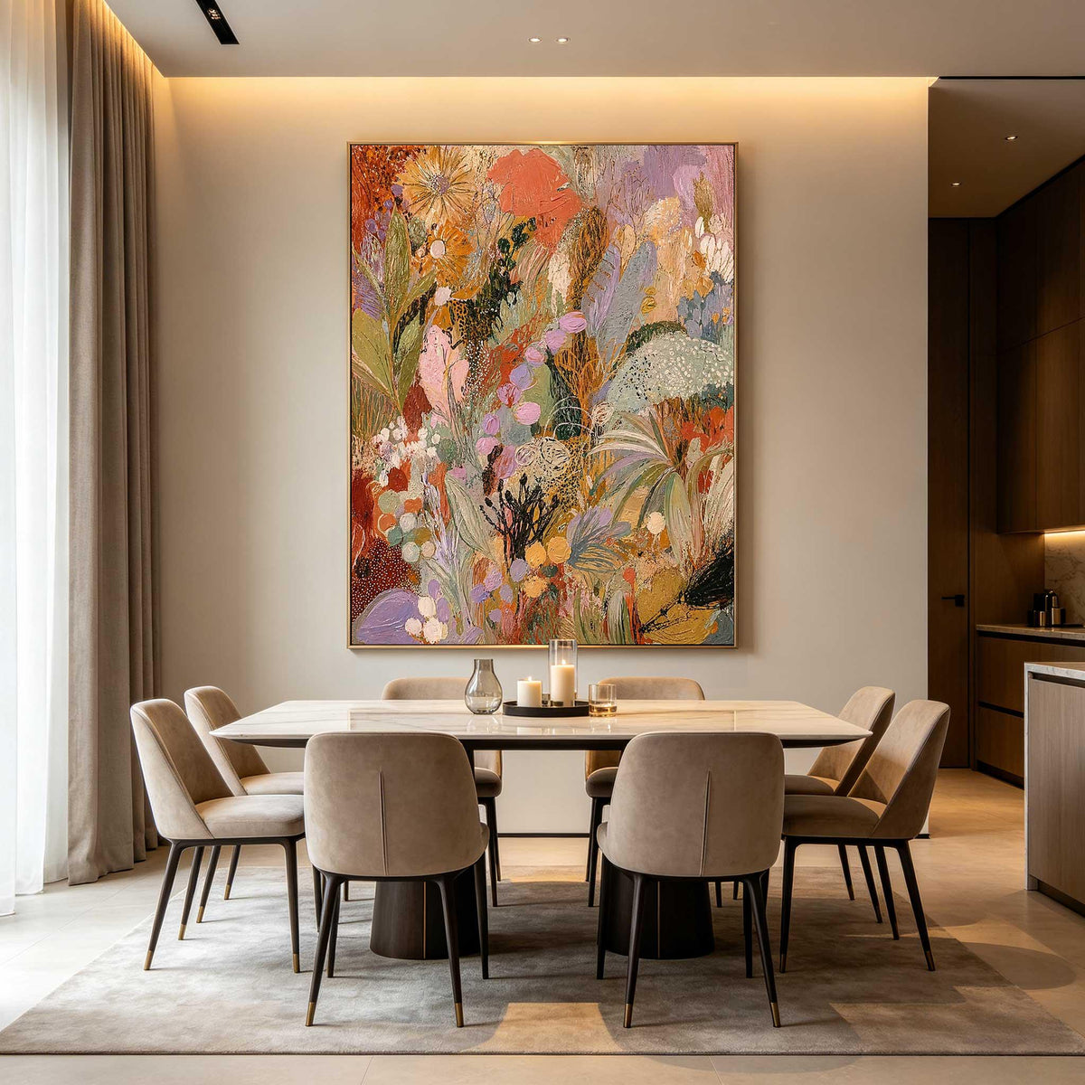 May include: A large rectangular canvas painting featuring an abstract floral composition with vibrant shades of orange, pink, purple, green, and gold. The artwork displays textured brushstrokes and layered botanical shapes on a neutral wall.